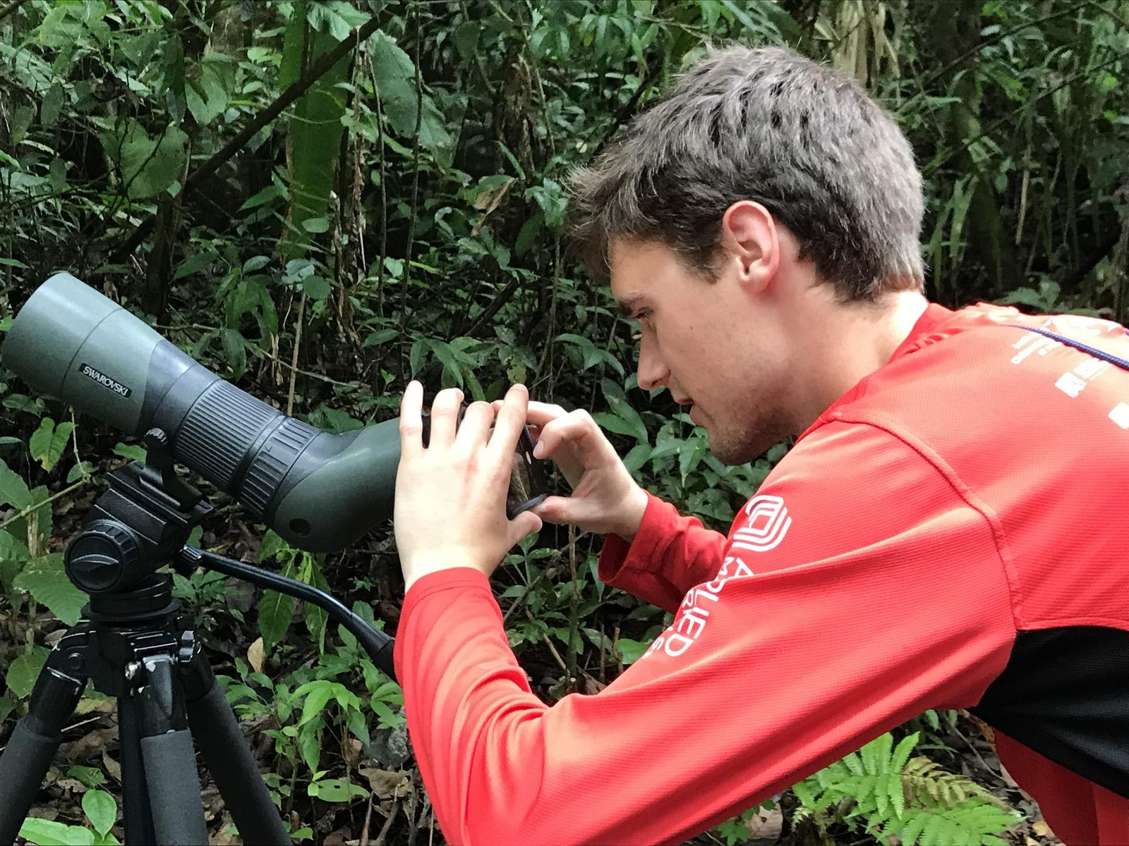 Guest holding a phone to a Swarovski spotting scope to photograph wildlife in the Manuel Antonio rainforest