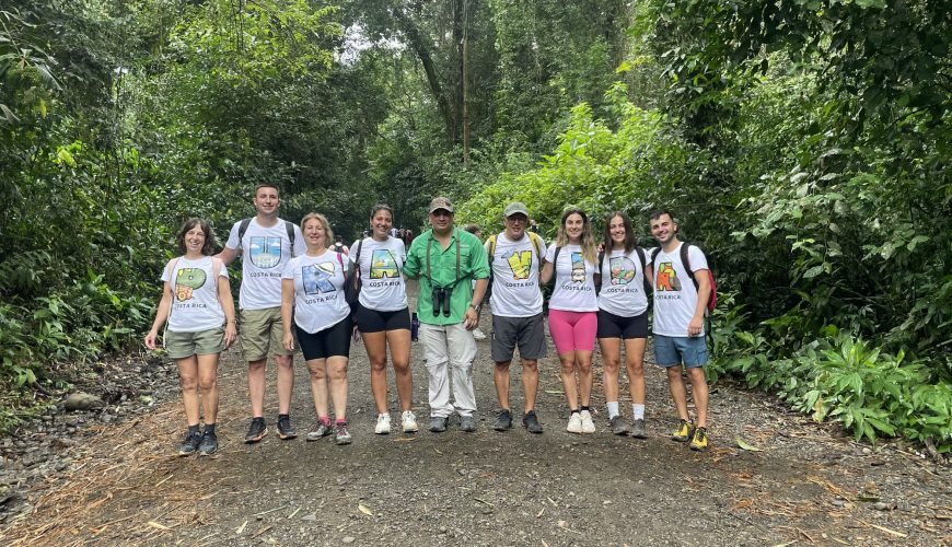 Small group of guests with their naturalist guide on a forest trail inside Manuel Antonio National Park