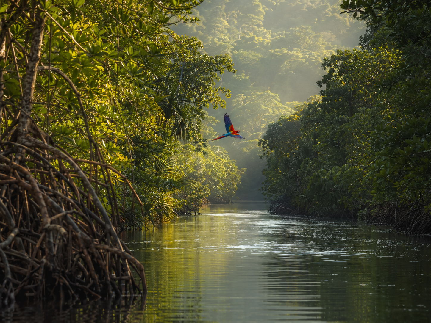 Boat gliding through the Damas Island mangrove channels near Quepos